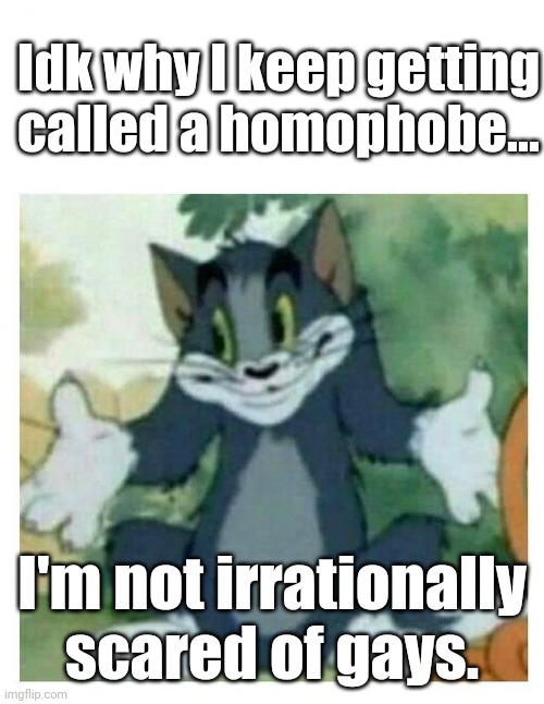 IDK Tom Template | Idk why I keep getting called a homophobe... I'm not irrationally scared of gays. | image tagged in idk tom template | made w/ Imgflip meme maker