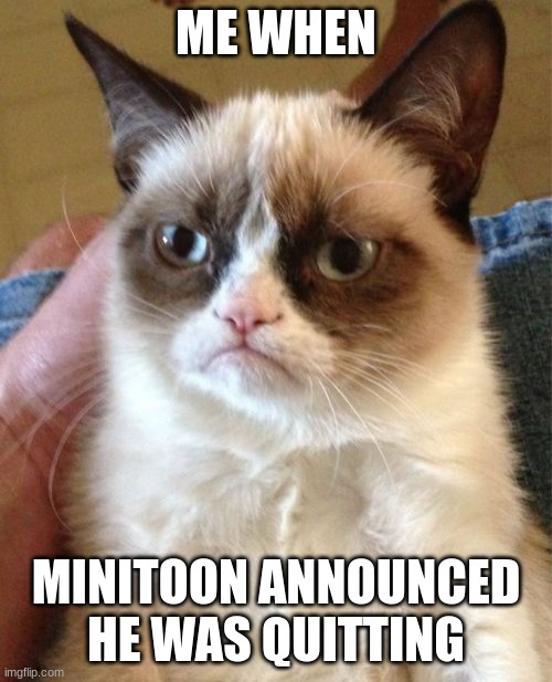 Grumpy Cat | ME WHEN; MINITOON ANNOUNCED HE WAS QUITTING | image tagged in memes,grumpy cat | made w/ Imgflip meme maker