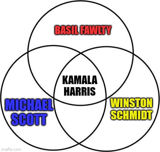 Venn diagram | BASIL FAWLTY; KAMALA HARRIS; MICHAEL SCOTT; WINSTON SCHMIDT | image tagged in venn diagram | made w/ Imgflip meme maker