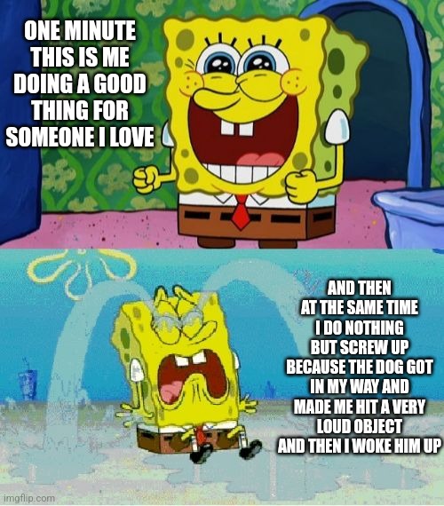 If I had never been born this wouldn't be happening | ONE MINUTE THIS IS ME DOING A GOOD THING FOR SOMEONE I LOVE; AND THEN AT THE SAME TIME I DO NOTHING BUT SCREW UP BECAUSE THE DOG GOT IN MY WAY AND MADE ME HIT A VERY LOUD OBJECT AND THEN I WOKE HIM UP | image tagged in spongebob happy and sad,memes,relatable | made w/ Imgflip meme maker