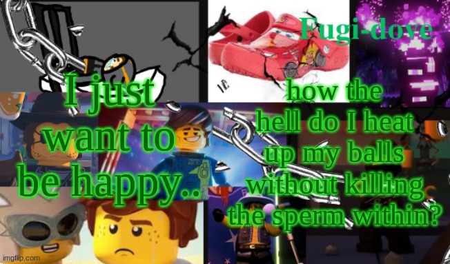 FDAT13 2 text | I just want to be happy.. how the hell do I heat up my balls without killing the sperm within? | image tagged in fdat13 2 text | made w/ Imgflip meme maker