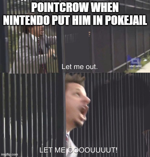 POKEJAIL | POINTCROW WHEN NINTENDO PUT HIM IN POKEJAIL | image tagged in let me out | made w/ Imgflip meme maker