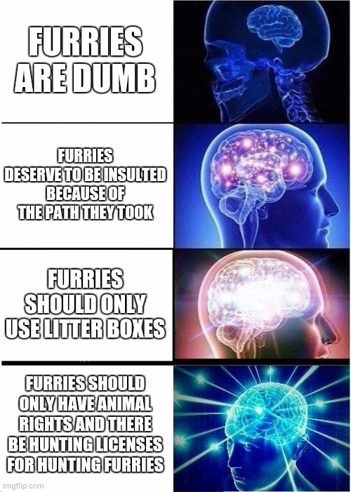 Hunting furries | FURRIES ARE DUMB; FURRIES DESERVE TO BE INSULTED BECAUSE OF THE PATH THEY TOOK; FURRIES SHOULD ONLY USE LITTER BOXES; FURRIES SHOULD ONLY HAVE ANIMAL RIGHTS AND THERE BE HUNTING LICENSES FOR HUNTING FURRIES | image tagged in memes,expanding brain | made w/ Imgflip meme maker