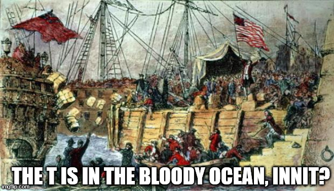 Boston Tea Party | THE T IS IN THE BLOODY OCEAN, INNIT? | image tagged in boston tea party | made w/ Imgflip meme maker