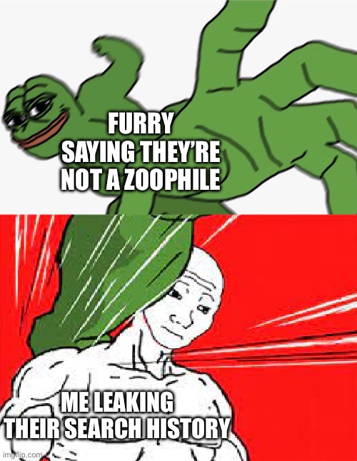 Pepe punch vs. Dodging Wojak | FURRY SAYING THEY’RE NOT A ZOOPHILE; ME LEAKING THEIR SEARCH HISTORY | image tagged in pepe punch vs dodging wojak,furry,anti furry,search history | made w/ Imgflip meme maker