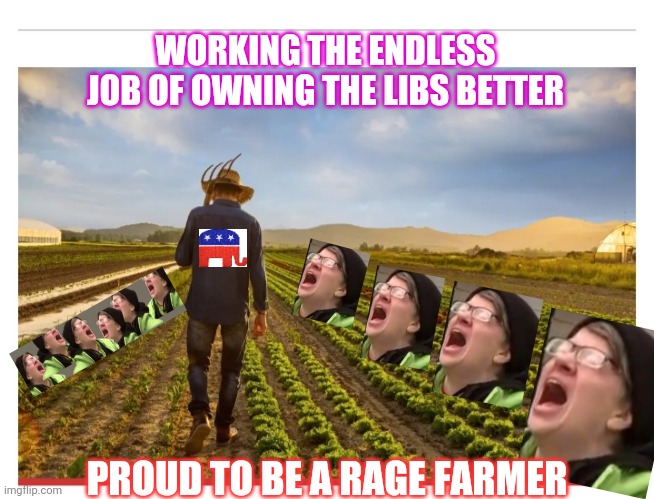 Own The Libs | WORKING THE ENDLESS JOB OF OWNING THE LIBS BETTER; PROUD TO BE A RAGE FARMER | image tagged in based,republicans,owned,liberals,vote trump | made w/ Imgflip meme maker