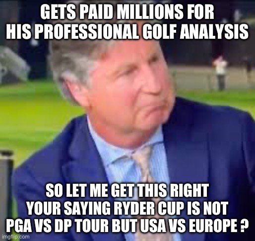 Brandel Stumblee | GETS PAID MILLIONS FOR HIS PROFESSIONAL GOLF ANALYSIS; SO LET ME GET THIS RIGHT YOUR SAYING RYDER CUP IS NOT PGA VS DP TOUR BUT USA VS EUROPE ? | image tagged in golf | made w/ Imgflip meme maker