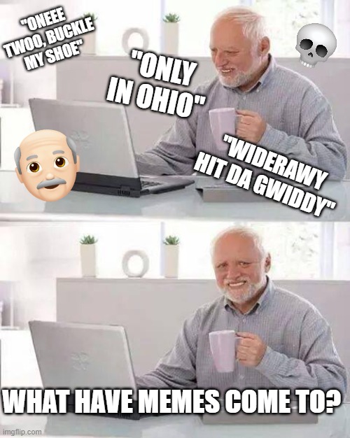 Hide the Pain Harold Meme | "ONEEE TWOO, BUCKLE MY SHOE"; "ONLY IN OHIO"; "WIDERAWY HIT DA GWIDDY"; WHAT HAVE MEMES COME TO? | image tagged in memes,hide the pain harold | made w/ Imgflip meme maker