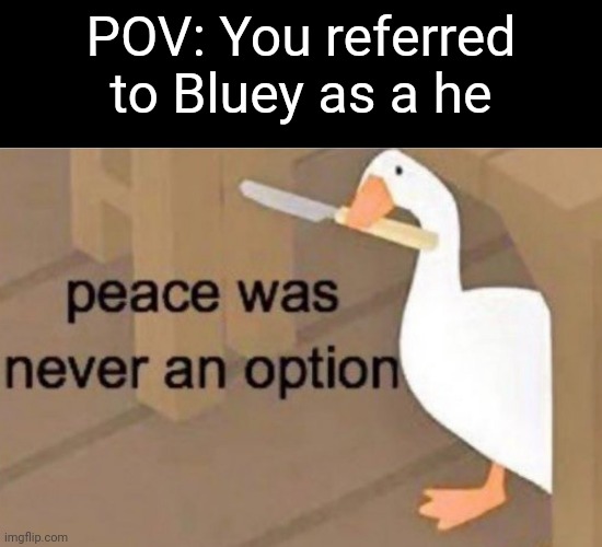 Just remember that Bluey is a girl | POV: You referred to Bluey as a he | image tagged in peace was never an option,funny,bluey | made w/ Imgflip meme maker