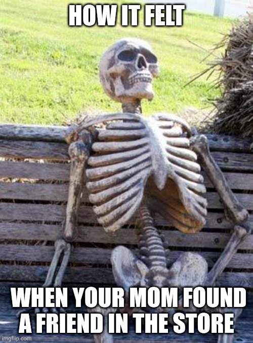 Waiting Skeleton | HOW IT FELT; WHEN YOUR MOM FOUND A FRIEND IN THE STORE | image tagged in memes,waiting skeleton | made w/ Imgflip meme maker