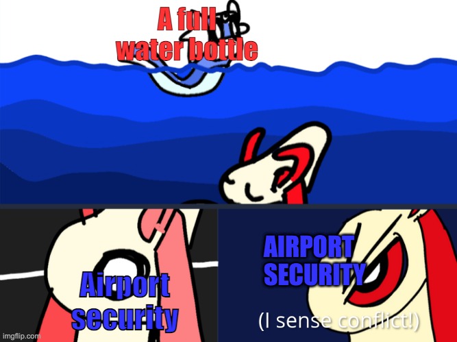 Conflict Meem | A full water bottle; AIRPORT SECURITY; Airport security | image tagged in conflict meem | made w/ Imgflip meme maker