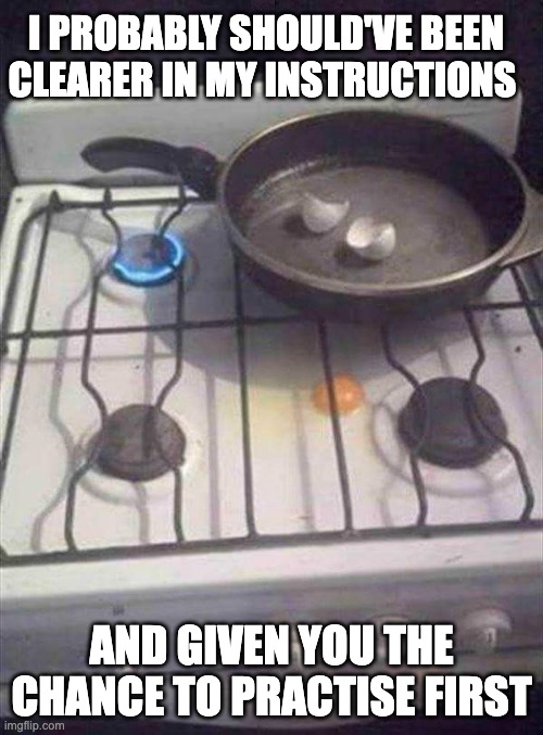 Cooking Fail | I PROBABLY SHOULD'VE BEEN CLEARER IN MY INSTRUCTIONS; AND GIVEN YOU THE CHANCE TO PRACTISE FIRST | image tagged in cooking fail | made w/ Imgflip meme maker