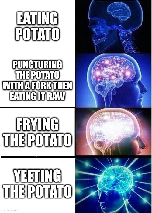 When you eat a potato | EATING POTATO; PUNCTURING THE POTATO WITH A FORK THEN EATING IT RAW; FRYING THE POTATO; YEETING THE POTATO | image tagged in memes,expanding brain | made w/ Imgflip meme maker