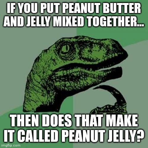 Now you know | IF YOU PUT PEANUT BUTTER AND JELLY MIXED TOGETHER... THEN DOES THAT MAKE IT CALLED PEANUT JELLY? | image tagged in memes,philosoraptor,peanut butter,jelly | made w/ Imgflip meme maker