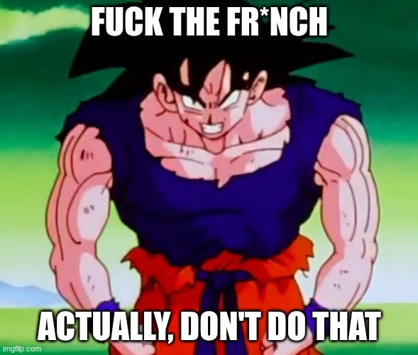 hgnlernhgwrtt | FUCK THE FR*NCH; ACTUALLY, DON'T DO THAT | image tagged in i'm about to get racist goku | made w/ Imgflip meme maker