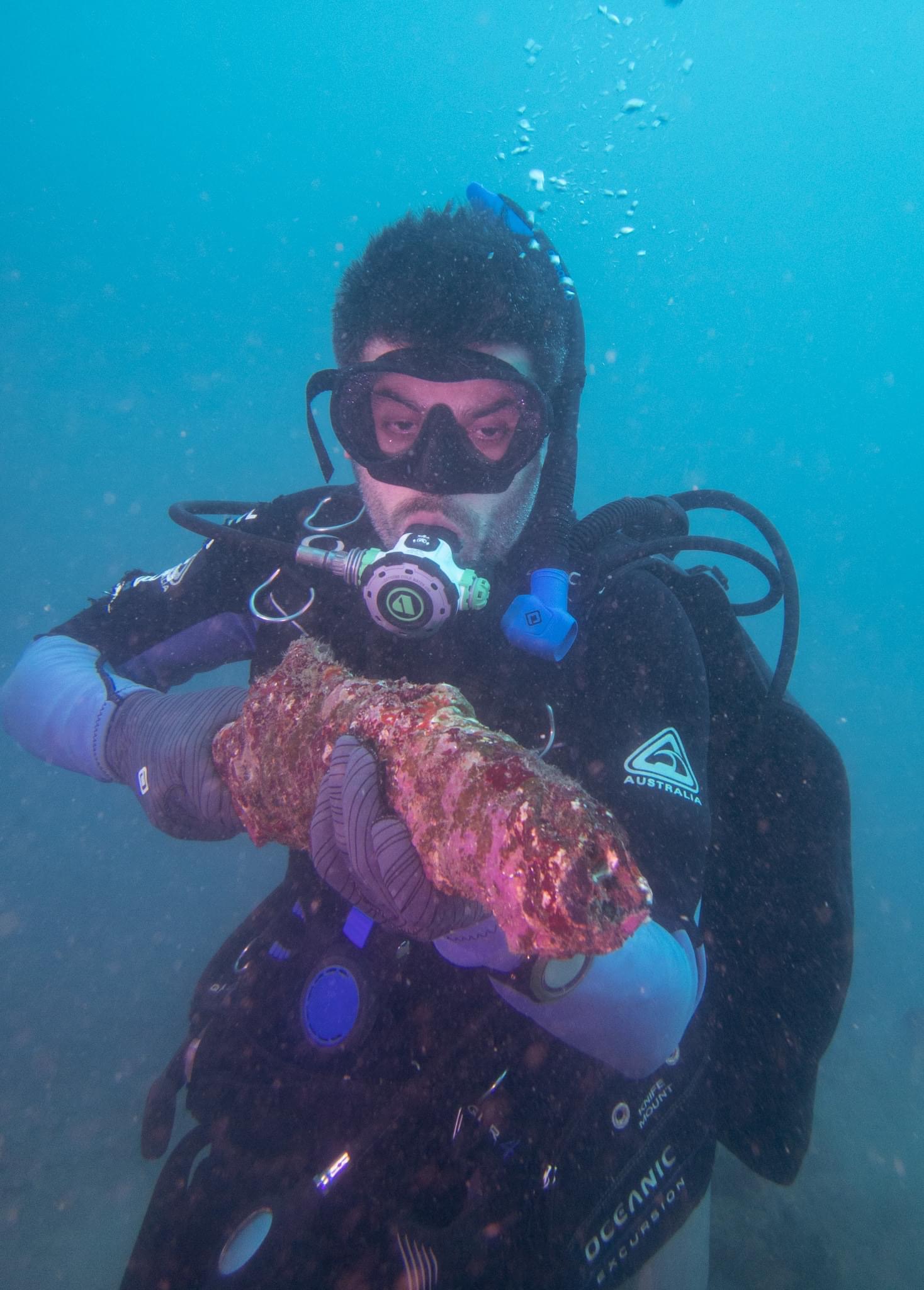 Scuba diver with artefact wreck Coolidge gun Blank Meme Template