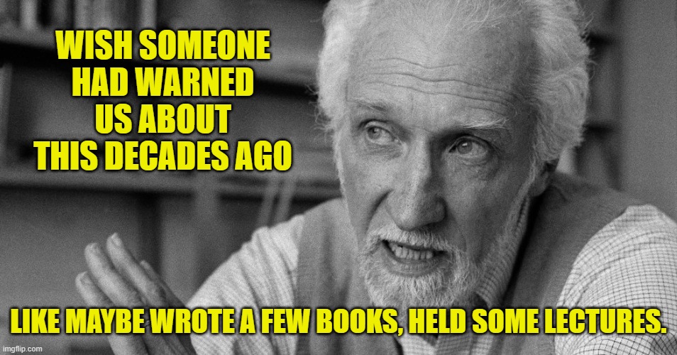 WISH SOMEONE HAD WARNED US ABOUT THIS DECADES AGO LIKE MAYBE WROTE A FEW BOOKS, HELD SOME LECTURES. | made w/ Imgflip meme maker