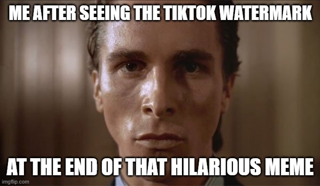 out of everywhere they could have got it from | ME AFTER SEEING THE TIKTOK WATERMARK; AT THE END OF THAT HILARIOUS MEME | image tagged in patrick bateman sweating | made w/ Imgflip meme maker