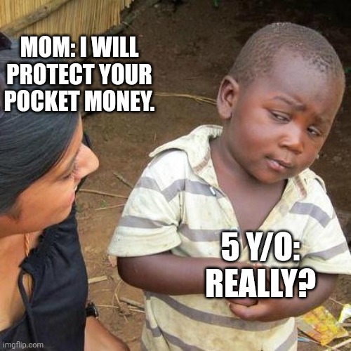 Third World Skeptical Kid | MOM: I WILL PROTECT YOUR POCKET MONEY. 5 Y/O: REALLY? | image tagged in memes,third world skeptical kid | made w/ Imgflip meme maker