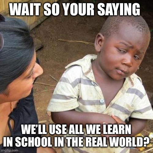 Third World Skeptical Kid Meme | WAIT SO YOUR SAYING; WE’LL USE ALL WE LEARN IN SCHOOL IN THE REAL WORLD? | image tagged in memes,third world skeptical kid | made w/ Imgflip meme maker