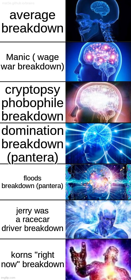 7-Tier Expanding Brain | average breakdown; Manic ( wage war breakdown); cryptopsy phobophile breakdown; domination breakdown (pantera); floods breakdown (pantera); jerry was a racecar driver breakdown; korns "right now" breakdown | image tagged in 7-tier expanding brain | made w/ Imgflip meme maker