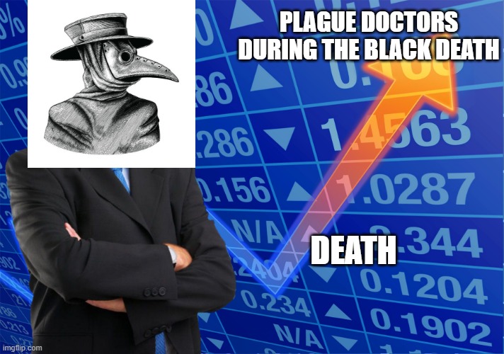 Plague doctors be like | PLAGUE DOCTORS DURING THE BLACK DEATH; DEATH | image tagged in stonks without stonks,historical meme | made w/ Imgflip meme maker