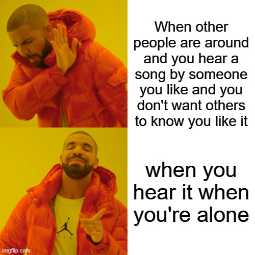 Drake Hotline Bling | When other people are around and you hear a song by someone you like and you don't want others to know you like it; when you hear it when you're alone | image tagged in memes,drake hotline bling | made w/ Imgflip meme maker