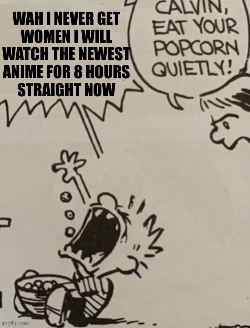 Calvin eat your popcorn quietly | WAH I NEVER GET
WOMEN I WILL
WATCH THE NEWEST
ANIME FOR 8 HOURS
STRAIGHT NOW | image tagged in calvin eat your popcorn quietly | made w/ Imgflip meme maker