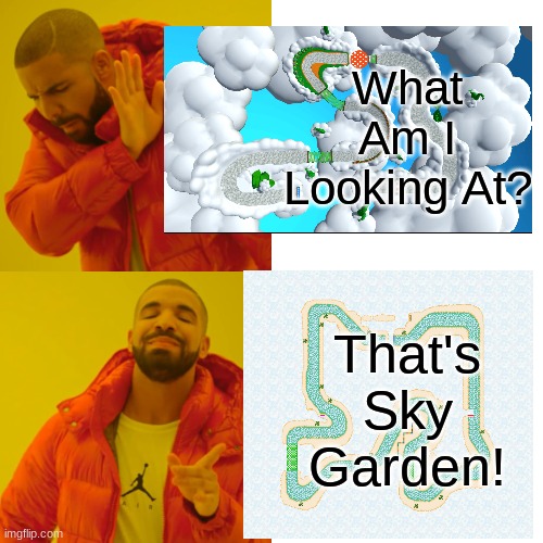 What Did Nintendo Do To You GBA Sky Garden? | What Am I Looking At? That's Sky Garden! | image tagged in memes,drake hotline bling | made w/ Imgflip meme maker