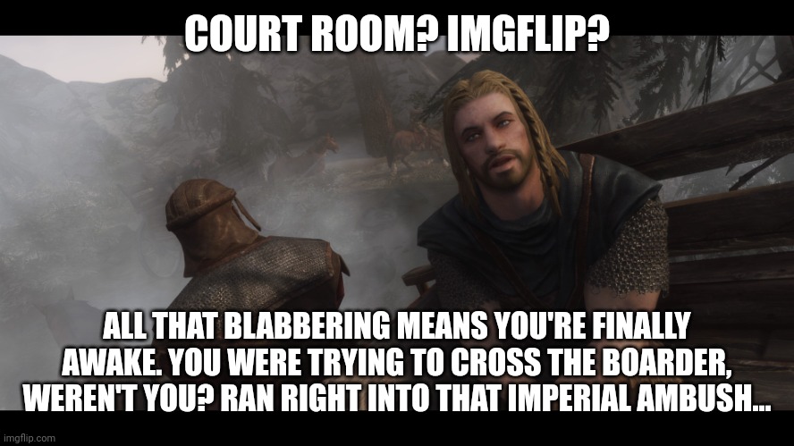 Skyrim you're finally awake | COURT ROOM? IMGFLIP? ALL THAT BLABBERING MEANS YOU'RE FINALLY AWAKE. YOU WERE TRYING TO CROSS THE BOARDER, WEREN'T YOU? RAN RIGHT INTO THAT  | image tagged in skyrim you're finally awake | made w/ Imgflip meme maker