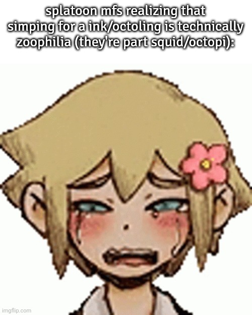 satire | splatoon mfs realizing that simping for a ink/octoling is technically zoophilia (they're part squid/octopi): | image tagged in oh the misery | made w/ Imgflip meme maker