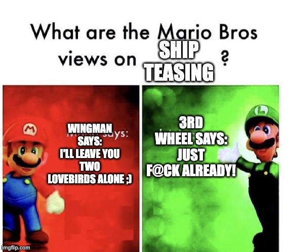 If there's a middle ground, I haven't seen much of it | SHIP TEASING; 3RD WHEEL SAYS:
JUST F@CK ALREADY! WINGMAN SAYS:
I'LL LEAVE YOU TWO LOVEBIRDS ALONE ;) | image tagged in mario bros views,shipping,third wheel | made w/ Imgflip meme maker