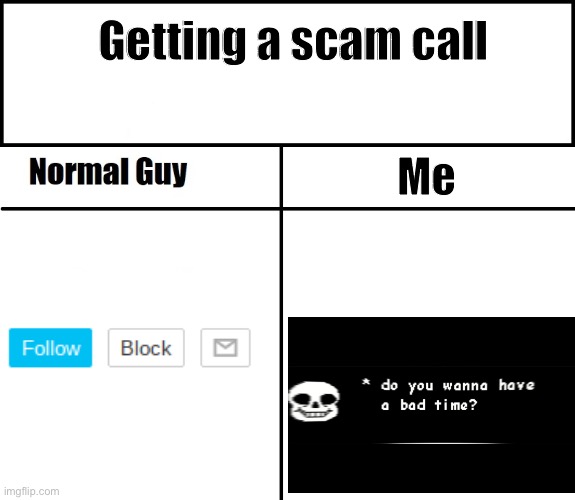 normal guy | Getting a scam call; Me | image tagged in normal guy | made w/ Imgflip meme maker