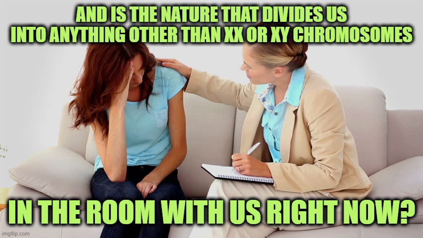 Therapist | AND IS THE NATURE THAT DIVIDES US INTO ANYTHING OTHER THAN XX OR XY CHROMOSOMES IN THE ROOM WITH US RIGHT NOW? | image tagged in therapist | made w/ Imgflip meme maker