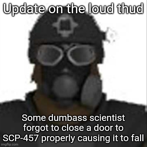 Epsilon-11 staring but its the one from SCP: Containment Breach | Update on the loud thud; Some dumbass scientist forgot to close a door to SCP-457 properly causing it to fall | image tagged in epsilon-11 staring but its the one from scp containment breach | made w/ Imgflip meme maker