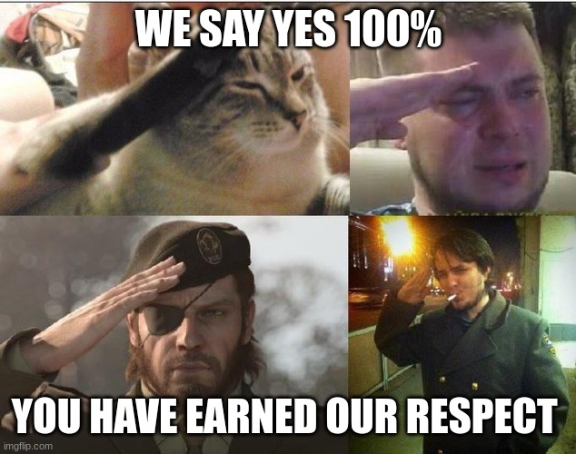 Ozon's Salute | WE SAY YES 100% YOU HAVE EARNED OUR RESPECT | image tagged in ozon's salute | made w/ Imgflip meme maker