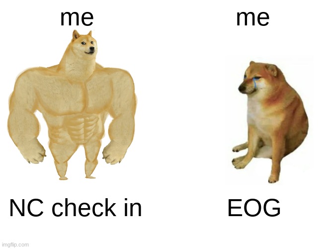 Buff Doge vs. Cheems Meme | me; me; NC check in; EOG | image tagged in memes,buff doge vs cheems | made w/ Imgflip meme maker