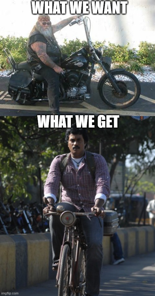 wht we get | WHAT WE WANT; WHAT WE GET | image tagged in biker | made w/ Imgflip meme maker