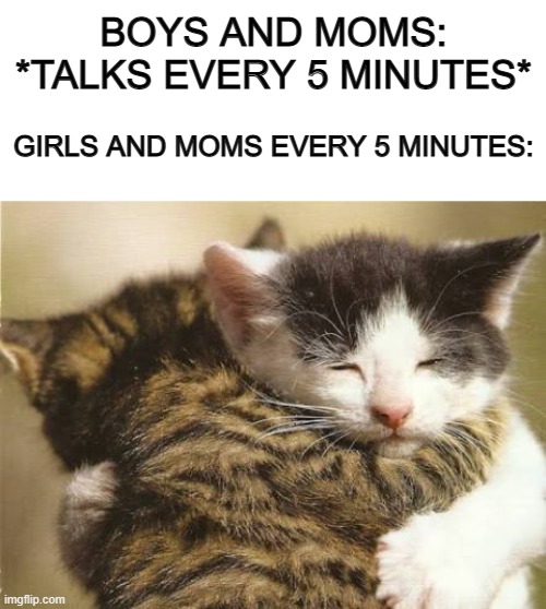 Has anyone else noticed how (especially young) girls and their moms will hug eachother every 5 minutes? | BOYS AND MOMS: *TALKS EVERY 5 MINUTES*; GIRLS AND MOMS EVERY 5 MINUTES: | image tagged in blank white template,hug cats | made w/ Imgflip meme maker