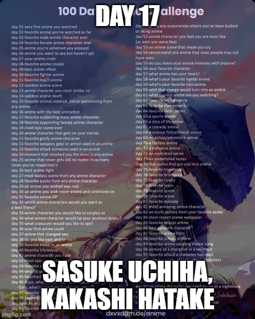 Question: Does Levi Ackerman, Katsuki Bakugou and Shoto Todoroki count as supporting male characters? | DAY 17; SASUKE UCHIHA, KAKASHI HATAKE | image tagged in challenge,anime | made w/ Imgflip meme maker