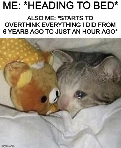 Overthinking is the worst :( | ME: *HEADING TO BED*; ALSO ME: *STARTS TO OVERTHINK EVERYTHING I DID FROM 6 YEARS AGO TO JUST AN HOUR AGO* | image tagged in blank white template,sad cat hugging a teddy | made w/ Imgflip meme maker