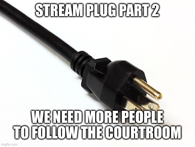 Make alts and follow it | STREAM PLUG PART 2; WE NEED MORE PEOPLE TO FOLLOW THE COURTROOM | image tagged in plug cord | made w/ Imgflip meme maker