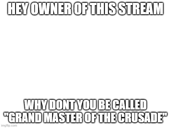 Hey owner | HEY OWNER OF THIS STREAM; WHY DONT YOU BE CALLED "GRAND MASTER OF THE CRUSADE" | image tagged in stop reading these tags | made w/ Imgflip meme maker