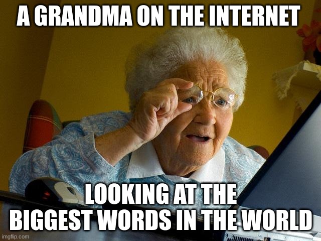 Grandma Finds The Internet | A GRANDMA ON THE INTERNET; LOOKING AT THE BIGGEST WORDS IN THE WORLD | image tagged in memes,grandma finds the internet | made w/ Imgflip meme maker