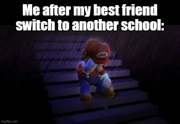 Sad moment :( | Me after my best friend switch to another school: | image tagged in sad mario,sad,sad but true | made w/ Imgflip meme maker