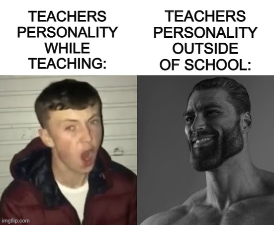 My former french teacher was 100% like this :) | TEACHERS PERSONALITY OUTSIDE OF SCHOOL:; TEACHERS PERSONALITY WHILE TEACHING: | image tagged in average enjoyer meme | made w/ Imgflip meme maker