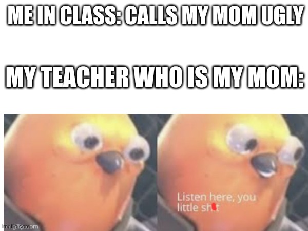 ME IN CLASS: CALLS MY MOM UGLY; MY TEACHER WHO IS MY MOM: | image tagged in funny | made w/ Imgflip meme maker