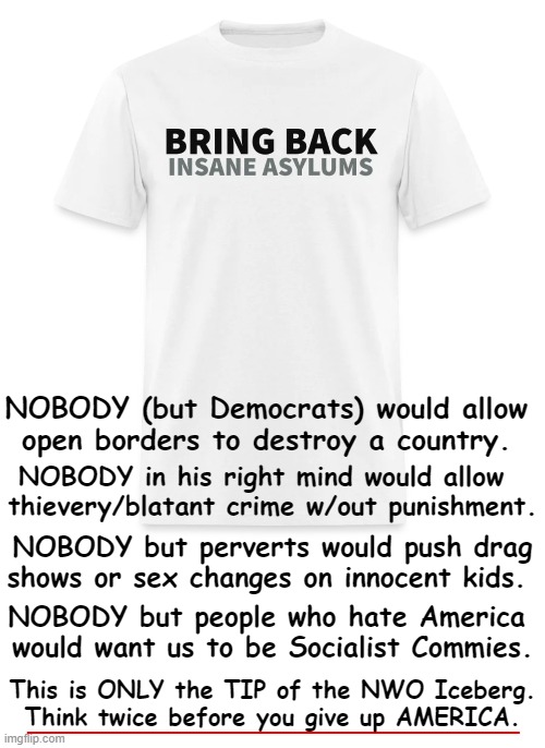 How Can ANYBODY be a Democrat Today? | NOBODY (but Democrats) would allow 
open borders to destroy a country. NOBODY in his right mind would allow  
thievery/blatant crime w/out punishment. NOBODY but perverts would push drag shows or sex changes on innocent kids. NOBODY but people who hate America 
would want us to be Socialist Commies. This is ONLY the TIP of the NWO Iceberg.
Think twice before you give up AMERICA. | image tagged in politics,democrats,democratic socialism,communism,communist socialist,insanity | made w/ Imgflip meme maker