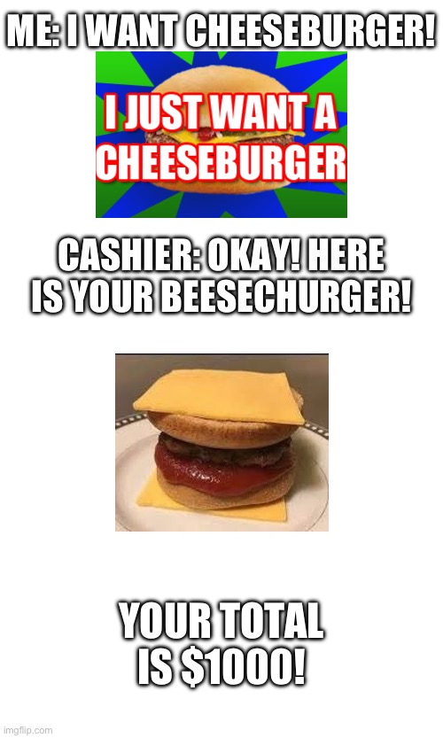 I just want a Cheeseburger | ME: I WANT CHEESEBURGER! CASHIER: OKAY! HERE IS YOUR BEESECHURGER! YOUR TOTAL IS $1000! | image tagged in weird,funny | made w/ Imgflip meme maker