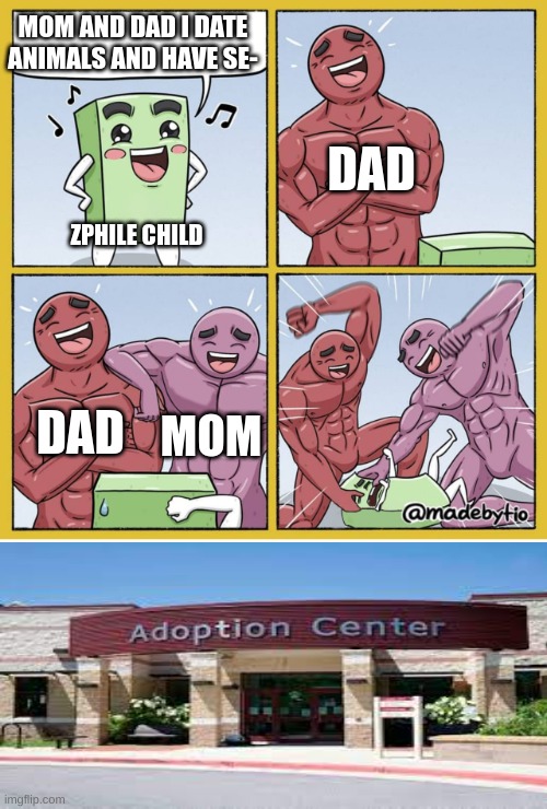 this needs to be you if your a zphile | MOM AND DAD I DATE ANIMALS AND HAVE SE-; DAD; ZPHILE CHILD; DAD; MOM | image tagged in guy getting beat up,adoption | made w/ Imgflip meme maker